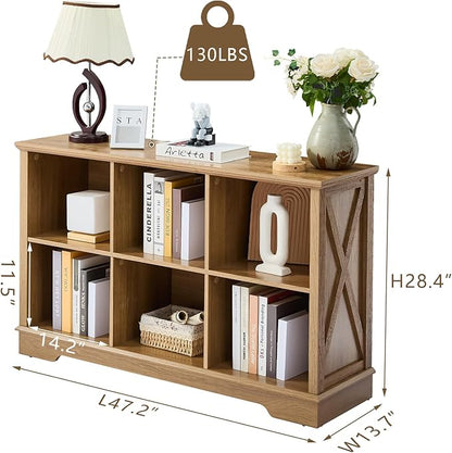Book Shelf, 6 Cube Storage Organizer, 2-Tier Open Shelf Wooden Bookcase, Freestanding Wood Cube Storage Bookshelf for Bedroom, Living Room, Home Office (Natural Oak)