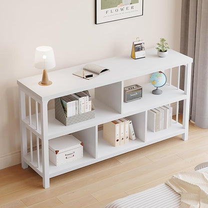 IBF White Wood Bookshelf, Industrial Horizontal Cubby Book Shelf, Low Open Shelf Bookcase for Office Living Room, Modern Short Wide 5 Cube Storage Organizer for Books Display Bedroom, White Oak, 47 In
