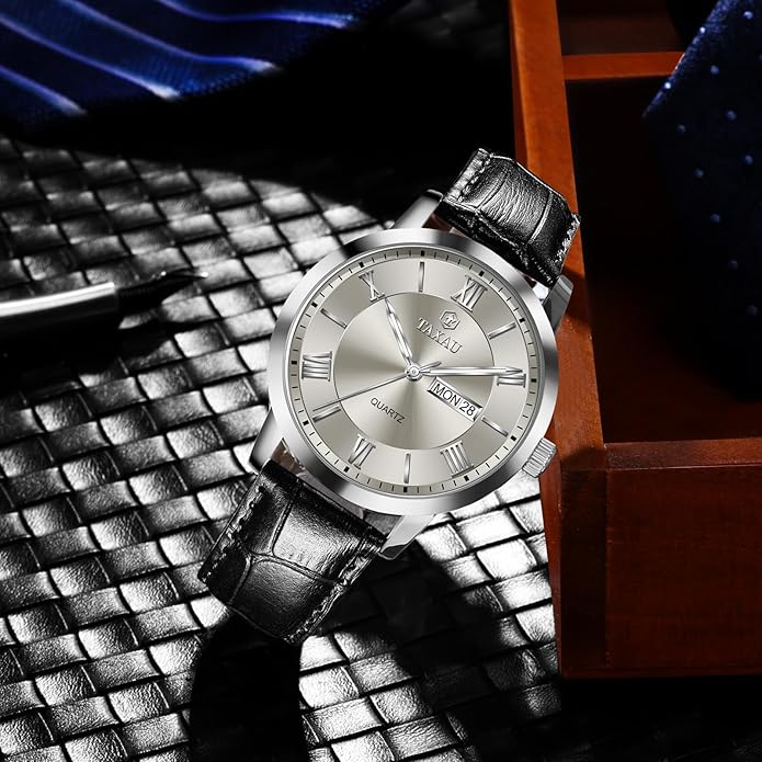 Men's Watch Big Face Easy Read Arabic Numeral Dress Watches for Men Classic Black Brown Leather Band Analog Mens Wrist Watch with Day and Date Fashion Business Waterproof Luminous Quartz Watch