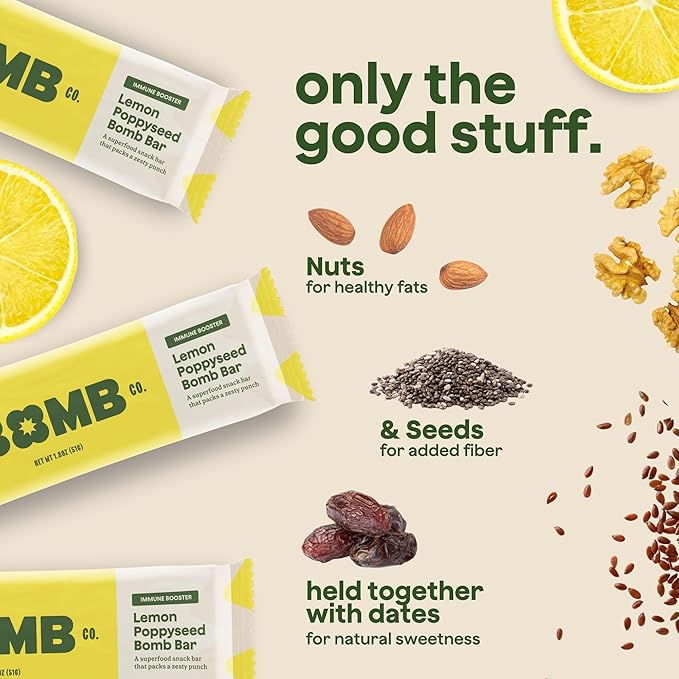 The Bomb Co. Blender Bomb Bar, Lemon Poppyseed, Superfood Snack Bar for the Body’s Natural Defense, Almond Butter, Hemp Seeds, Chia Seeds, Flax Seeds, Lemon Juice Powder, Sea Salt, Aloe Vera, 9 Bars
