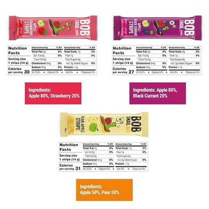 BOB SNAIL Healthy Organic Fruit Snacks for Kids and Adults–30 Organic Fruit Leather Snacks with Apple-Pear, Strawberry, Black Currant–Vegan Low-Carb Variety Pack Strips for Kids–Sugar Free Jerky Bars