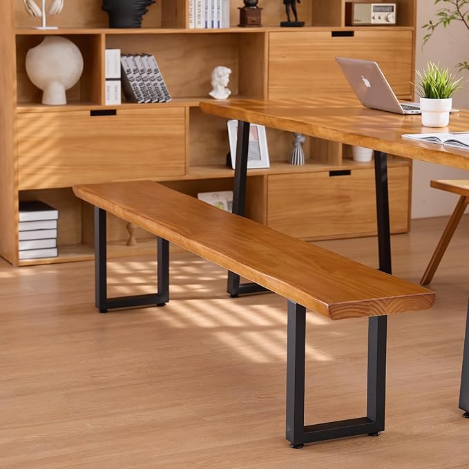 "Durable Solid Wood Top Bench with Sturdy Metal Legs – Versatile Dining & Office Seating " (dark yellowbench, 78.74in)
