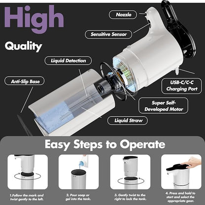 YIKHOM Automatic Liquid Soap Dispenser, Touchless Dish Soap Dispenser, 450mL/15.37 oz Electric Soap Dispenser 8 Level Adjustable Control, USB C Rechargeable Auto Soap Pump Hands Free for Kitchen