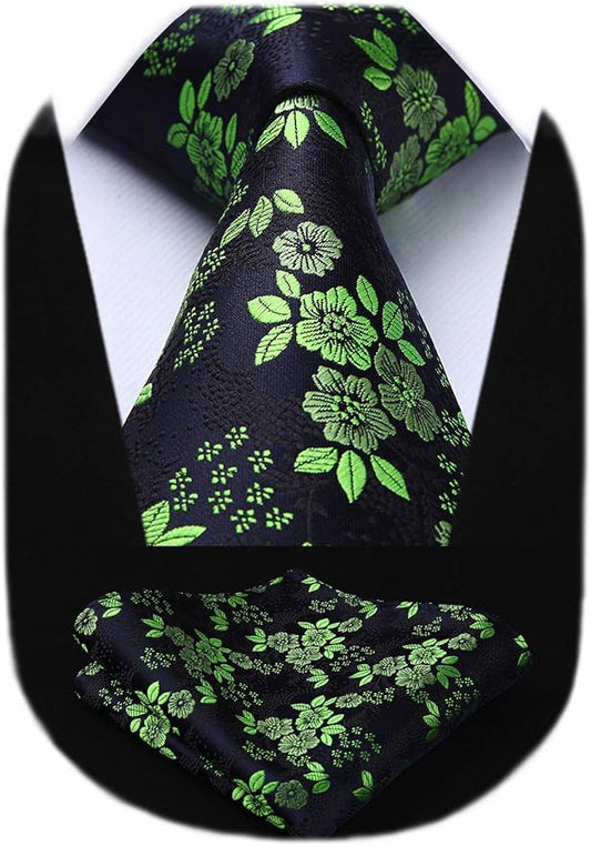 HISDERN Men Floral Ties Woven Classic 3.4" Necktie Set Formal Tie Pocket Square for Wedding with Handkerchief Gift Box
