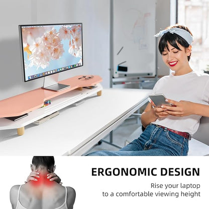 2 Tier Dual Monitor Stand Riser,Wider Board Computer Monitor Stand for 2 Monitors,Slot For Phone/Tablet Office Desktop Organizer for Laptop,PC,Computer,Printer,Pink