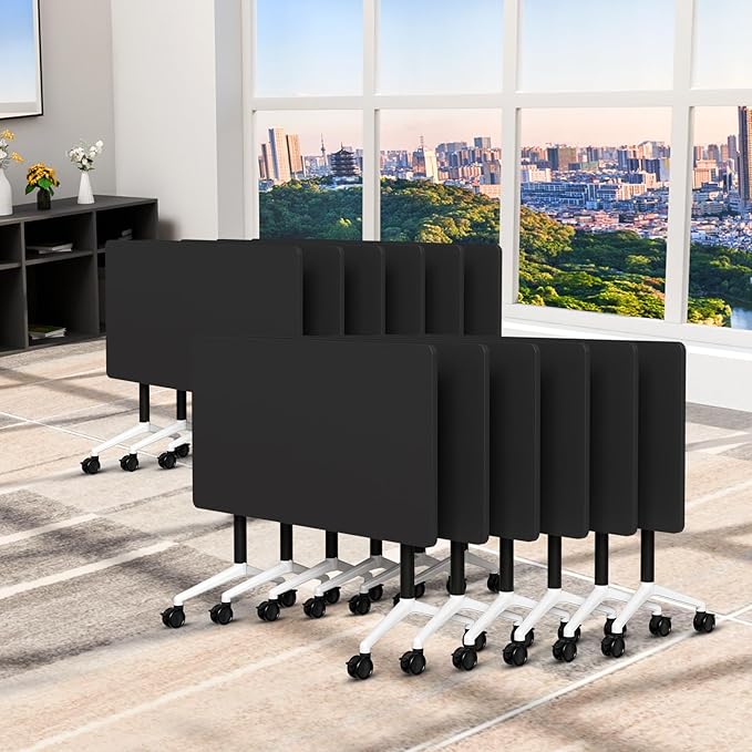 Folding Conference Table, Conference Room Tables Foldable Large Meeting Seminar Table on Wheels,Flip Top Boardroom Training Tables for Office, Classroom,Meeting (12, Black, 47.2in)