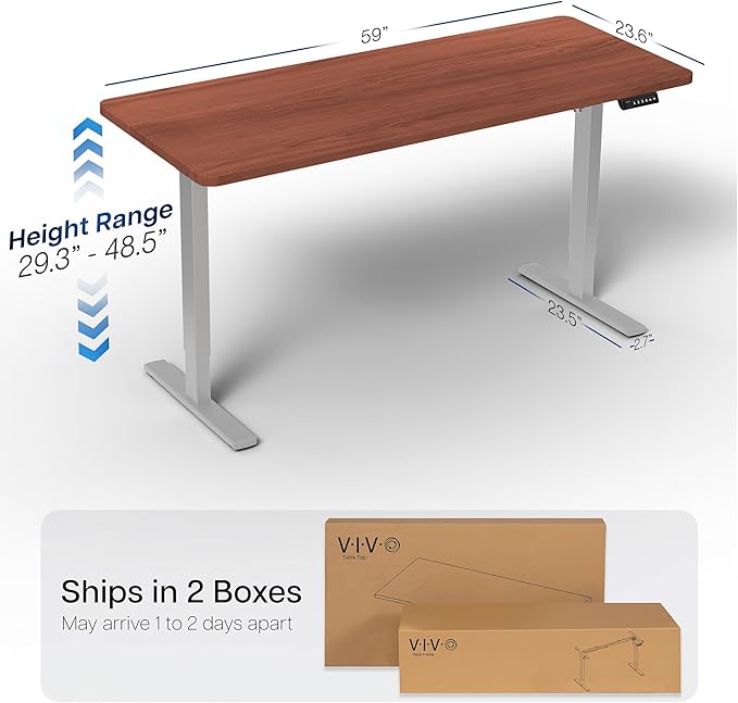 VIVO Electric 60 x 24 in Standing Desk, Memory Height Adjustment, 1B Series, One-Piece Dark Walnut Top, Gray Frame, DESK-KIT-1G6D