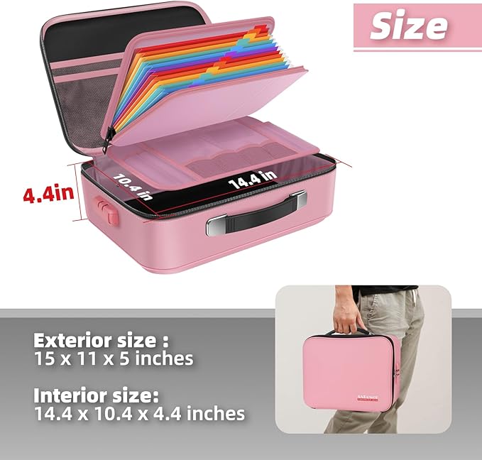Fireproof Document Box Hard Case With Lock, Multi-Layer Fire Proof Water Resistant Safe Box File Organizer Bag With Small Money Bag for Important Documents Passport Certificates Laptop (Pink)