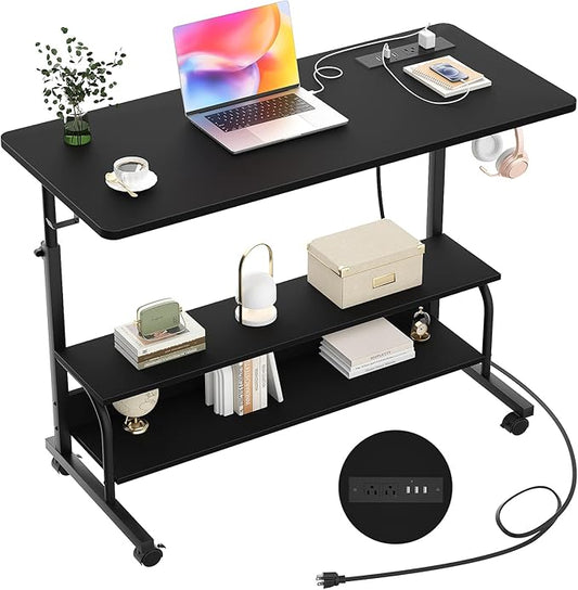 Armocity Height Adjustable Standing Desk with Power Outlets, 39" Manual Stand Up Desk with Storage Shelves Small Mobile Rolling Computer Desk Portable Laptop Table with Wheels for Home Office, Black