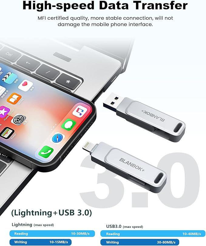 MFi Certified 256GB Flash Drive for iPhone Photo Stick, USB Memory Stick High Speed iPhone Flash Drive, External Memory Storage USB Stick Thumb Drive for iPhone/iPad/Android/PC (Metallic Silver)