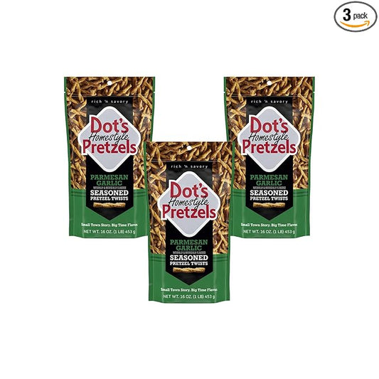 Dot's Pretzels Parmesan Garlic Seasoned Pretzel Twist Snack, 16oz Grocery Sized Bag (Pack of 3)