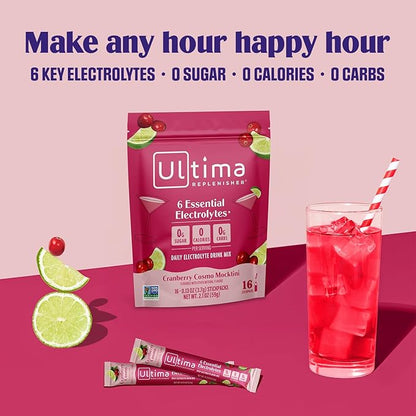Ultima Replenisher Daily Electrolyte Powder Drink Mix - Sugar Free - Cranberry Cosmo, 16 Stickpacks - Hydration Packets with 6 Key Electrolytes and Trace Minerals – Keto Friendly, Non-GMO