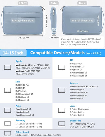 HYZUO 14-15 Inch Laptop Sleeve Bag for MacBook Air 15 M4 M3 M2, MacBook Pro 15, 15" Surface Laptop, XPS 14/15 Plus, Portable NoteBook Case for 14" HP Dell Lenovo ThinkPad Asus, Pale Blue