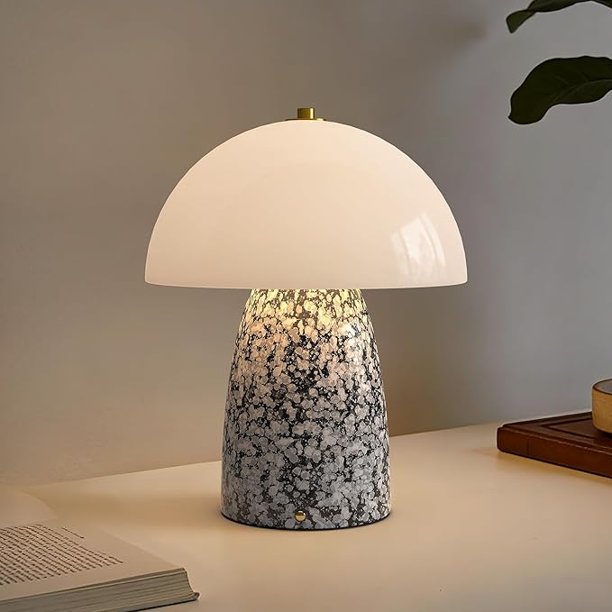 11" Mushroom Table Lamp, Small Ceramic Desk Bedside Lamp with Touch Control 3-Way Dimmable & Glass Shade, Modern Nightstand Lamp for Living Room Bedroom Home Office Crackle Texture Decor-Black
