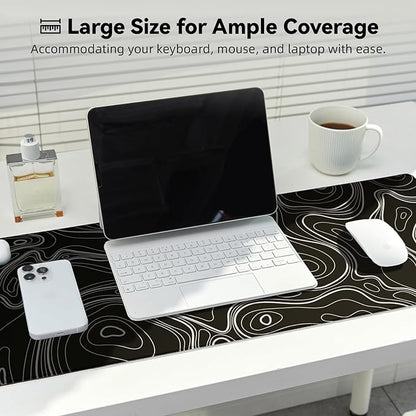 Waterproof Large Gaming Mouse Pad with Durable Stitched Edges, Non-Slip Rubber Base, Grainy Jacquard Mouse Mat Desk Pad for Home Office Gaming, 31.5''x11.8''x0.12'', Topographic Map White