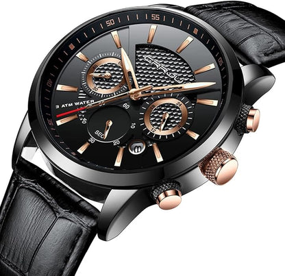 CRRJU Men's Business Casual Chronograph Quartz Waterproof Wristwatch Black Leather Strap