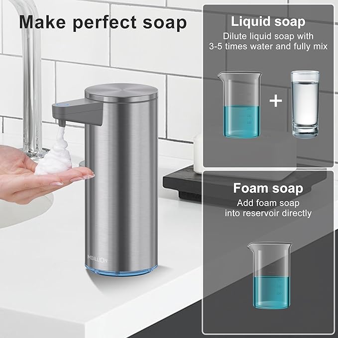 Mbillion Automatic Soap Dispenser Touchless Foaming Soap Dispenser USB Rechargeable Dispenser Electric 5 Levels Adjustable Foam Soap Dispenser Pump for Bathroom Kitchen Dish Soap,Stainless Steel