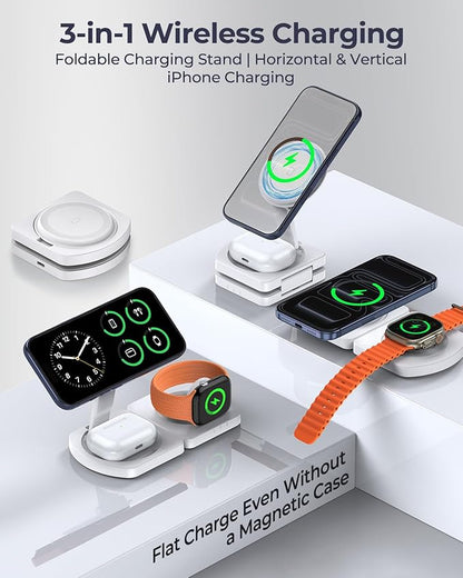 EGV Wireless Charger for iPhone, 3-in-1 Magnetic Charging Station for Apple, MagSafe Charger Stand for iPhone 17 Air 16 15 14 13 12 Series, Airpods Pro, Apple Watch Ultra, Foldable, No Adapter, White