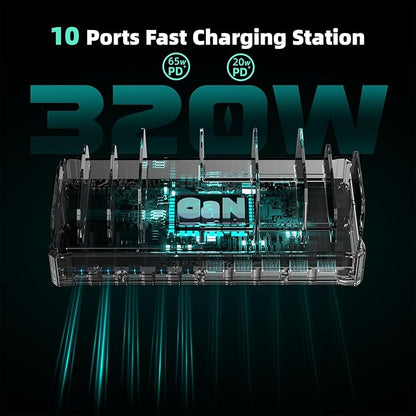 320W Charging Station for Multiple Devices, Zobirez 10-Port USB C Fast Charger Stations for MacBook, iPhone, Android Cell Phone, iPad, Tablet, Family Multi-Device Organizer Charging Dock, Blue