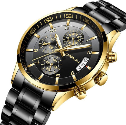 CRRJU Men's Fashion Stainless Steel Watches Date Waterproof Chronograph Wristwatches,Black Steel Band Waterproof Quartz Watch for Men