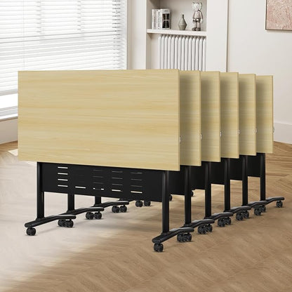 Conference Room Table, 55 Inch Folding Conference Tables with Wheels, Modern Office Meeting Table, Easy Flip & Nest Design, Rectangular Seminar Tables with Metal Frame for 2-24 People(F 6PCS)