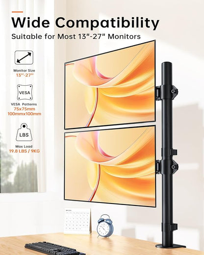 Dual Monitor Stand for 13-27'' Monitors, Vertical Stack Screen Free-Standing Monitor Riser with Swivel, Tilt, Height Adjustable, Holds One (1) Screen Up to 35Lbs, 75x75/100x100 VESA, C-Clamp