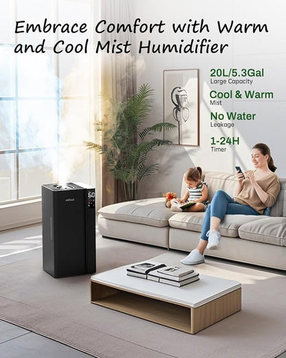Mifasol Humidifier Large Room Home Bedroom, 5.3Gal/20L Warm and Cool Mist Humidifiers, Quickly & Evenly Humidify Larger Areas,Dual Mist Nozzles and Atomizers, Plant/Commercial/Greenhouse/Office, Black