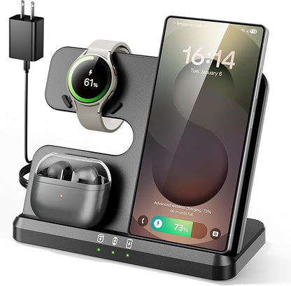 3 in 1 Charging Station for Samsung, Wireless Charger Stand for Galaxy S25 Ultra/S24/S23/Z Fold, Phone and Watch Charger for Samsung Watch Galaxy 8/7/6/5, Galaxy Buds 3/2/Pro