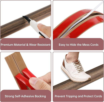 Floor Cord Cover Self Adhesive Cord Hider Floor Extension Cord Covers for Floor Power Cord Protector Cable Management Prevent Cable Trips Cable Cavity 0.32" W x 0.32" H (Smoked Brown Wood, 3.3Ft)