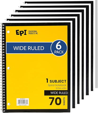 EPI Spiral Notebook | Wide - 70 Sheets, Durable Spiral Binding | 10.5 x 8 in | Classroom Supplies | School, Office, Note Taking, Journaling - 6 Pack
