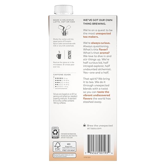 TAZO Pumpkin Spice Latte Black Tea Concentrate, 32 Fl Oz Carton (Pack of 2)