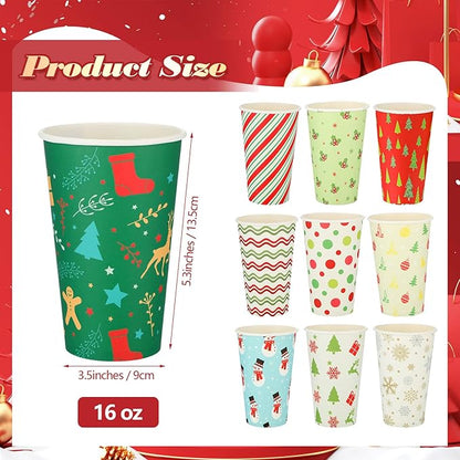 Tioncy 300 PCS/100 Set 16oz Christmas Paper Cups Christmas with Lids and Sleeves Disposable Coffee Cup Hot Chocolate Cocoa Cup Tea Coffee Paper Cups for Party Holidays Hot Cold Drinks(Stylish Style)