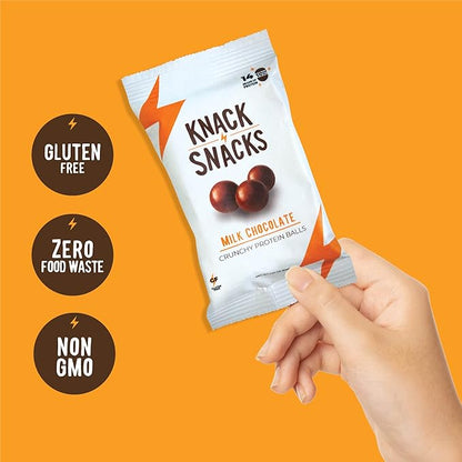 Knack Snacks | Crunchy Protein Balls - Milk Chocolate Flavor (10x 1.2oz Bags) | Lunchbox Ready, High Protein, Naturally Gluten Free, Lower Sugar, Chocolate Snack for School, Work, Travel, Parties