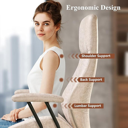 Mid Century Modren Office Chair,Computer Desk Swivel Task Chair with Wheels, High Back Ergonomic Executive Chair with Lumbar Support, Faux Lether Suede Fabric Home Chair (High Back, Beige)
