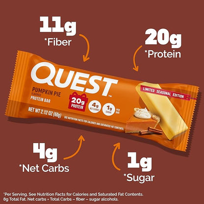 Quest Nutrition Pumpkin Pie Protein Bar, 20g Protein, 4g Net Carb, 1g Sugar, Gluten Free, 12 Count