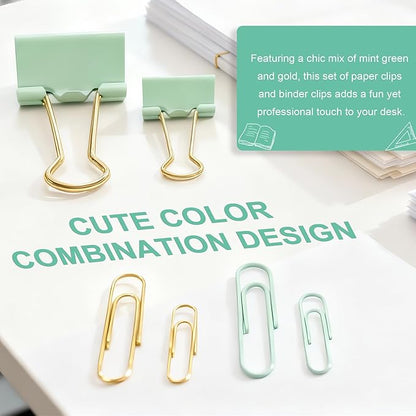 Cute Paper Clips Binder Clips Set, 165 Pcs Assorted Size Paperclips Binder Clips Large & Small Size, Cute Office Supplies Set for School Supplies and Desk Essentials, Green