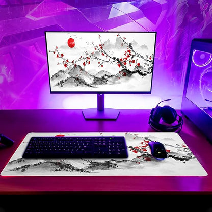 Japanese Cherry Blossom Gaming Mouse Pad 27.6x11.8 Inch Pink Full Desk Sakura Large Non-Slip Rubber Base Waterproof Big Keyboard Mat With Stitched Edges for Office