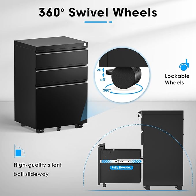 Greenvelly 3 Drawer Mobile File Cabinet with Lock, Metal Rolling Filing Cabinet for Under Desk Organizer Letter/Legal/A4 File (Easy Assembly, Black)