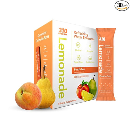 310 Nutrition Sugar-Free Lemonade Water Flavoring Packets, Peach Pear Hydration Powder with Alkalizing Minerals, Low-Calorie Water Enhancer for Energy & Refreshment, 30 Singles, Made in The USA