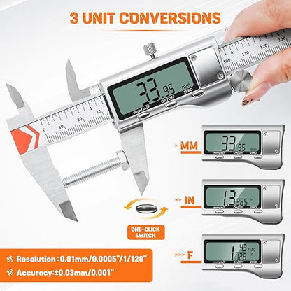 Digital Caliper, HARDELL Caliper Measuring Tool 8 Inch/200mm, 0.001" High-Precision Stainless Steel Calipers with Easy Inch Fraction Millimeter Conversion, Auto-Off Caliper with Large LCD Screen