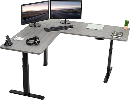 VIVO Electric Height Adjustable 67 x 60 inch Corner Stand Up Desk, 2 Dark Gray Solid Table Tops, Black Frame, Memory Controller, L-Shaped Workstation, 3E Series, DESK-KIT-3E6G