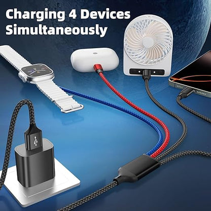 Dual Type-C 4 in 1 Charging Cable for Phone Watch Charger, Travel Essentials Multi Charging Cable iPhone Charger Cord Compatible with iWatch Ultra/SE/10-1, iPhone17 16 15 14, Android-1Pc 5FT