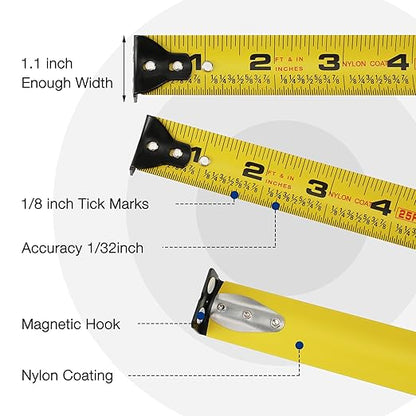 WORKPRO 16FT Tape Measure, 2Pcs Heavy Duty Retractable Tape Measurement, Long Stand Measuring Tape Accuracy 1/32 for Engineer, with Magnetic Hook, Belt Clip, Rubber Protective, Thumb Lock, Finger Stop