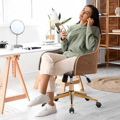 Genuine Leather Office Desk Chair, Adjustable Height Small Modern Comfortable Walnut Vanity Chair, Gold Legs Mid Back 360 Swivel for Home Office, Bedroom, Study, Meeting Room(Olive Green)