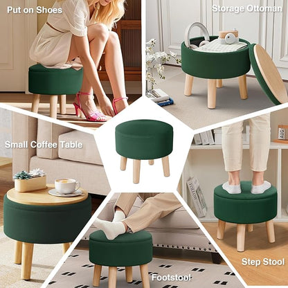 Poofzy Small Ottoman with Storage, Small Foot Stool Ottoman with Wood Legs, Velvet Foot Rest for Couch, Living Room and Bedroom - Dark Green