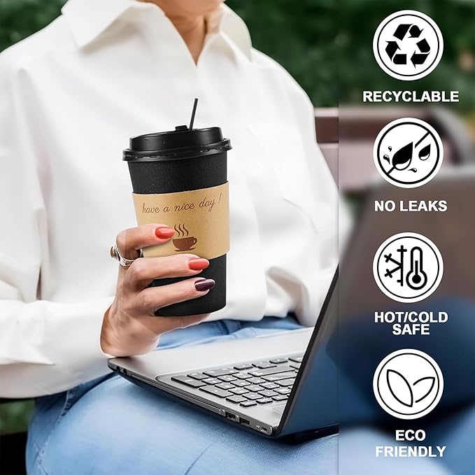 100 Pack 16 oz Coffee Cups with Lids, Disposable To Go Paper Coffee Cups with Sleeves and Stirring Sticks for Hot/Cold Drinks Office Home Shop Event (Black)