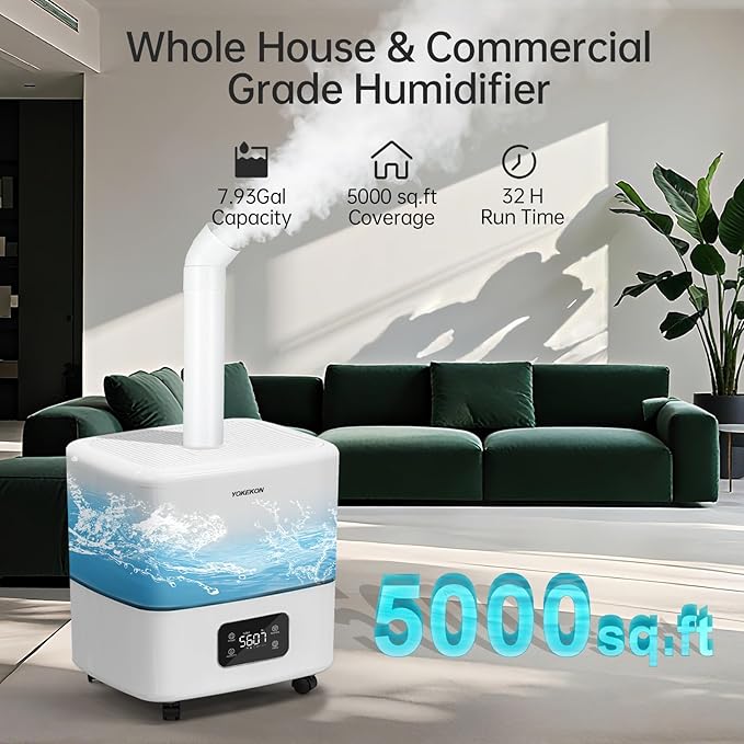 YOKEKON Humidifier Large Room, 30L/7.93Gal Commercial Whole House Humidifier 5000 sq.ft, Top-Fill Humidifiers for home with Extension Tube, Ideal for Plants, Office, Warehouse & Greenhouse