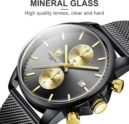 GOLDEN HOUR Mens Watch Fashion Sleek Minimalist Quartz Analog Mesh Stainless Steel Waterproof Chronograph Watches for Men with Auto Date