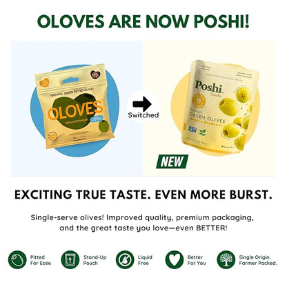 POSHI Green Pitted Olives - Lemon & Rosemary | Vegan, Kosher, Gluten Free + Keto Friendly, Fresh, All Natural Low Calorie Healthy Snacks | (30 Pack, 1.1oz Bags)