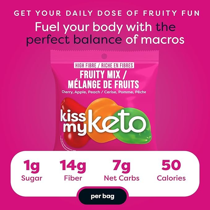 Kiss My Keto Sugar Free Gummies, Fruity Mix 8-Pack – Satisfy Cravings while Staying in Ketosis – High Fiber, 7g Net Carbs, Non-GMO, Vegan, & Gluten-Free – Low-Calorie Vegan Candy